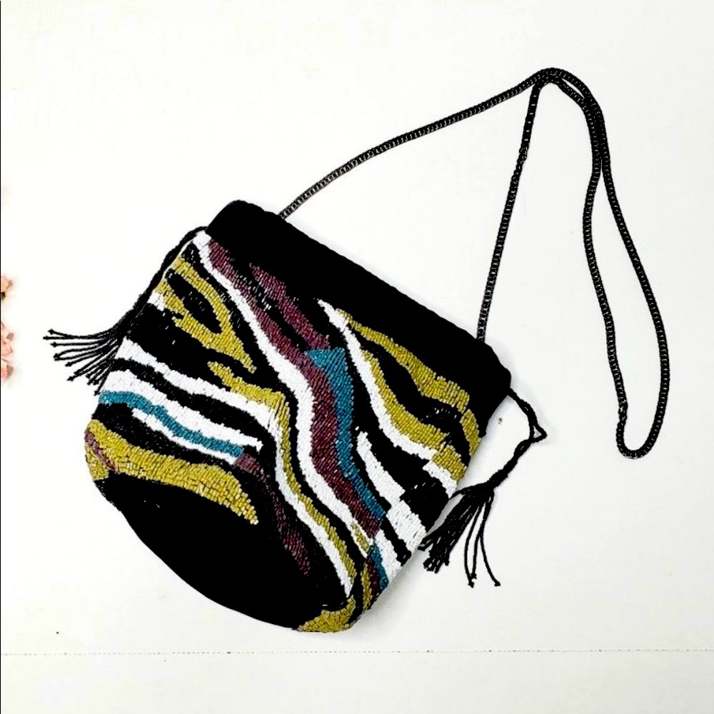 NWT Zara black green olive Beaded Safari Velvet Bucket shoulder Bag Crossbody